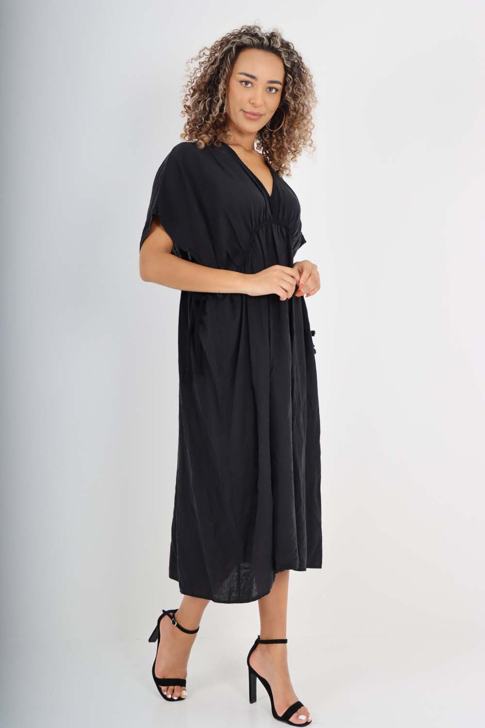 Grey Italian Drawestring Front Flared Linen Dress For Women ONE SIZE (FITS UK 12-22) - Dropwear