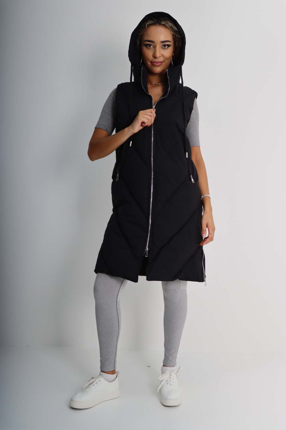 Italian Padded Pockets Hooded Zip up Long Gilet For Women  - Dropwear