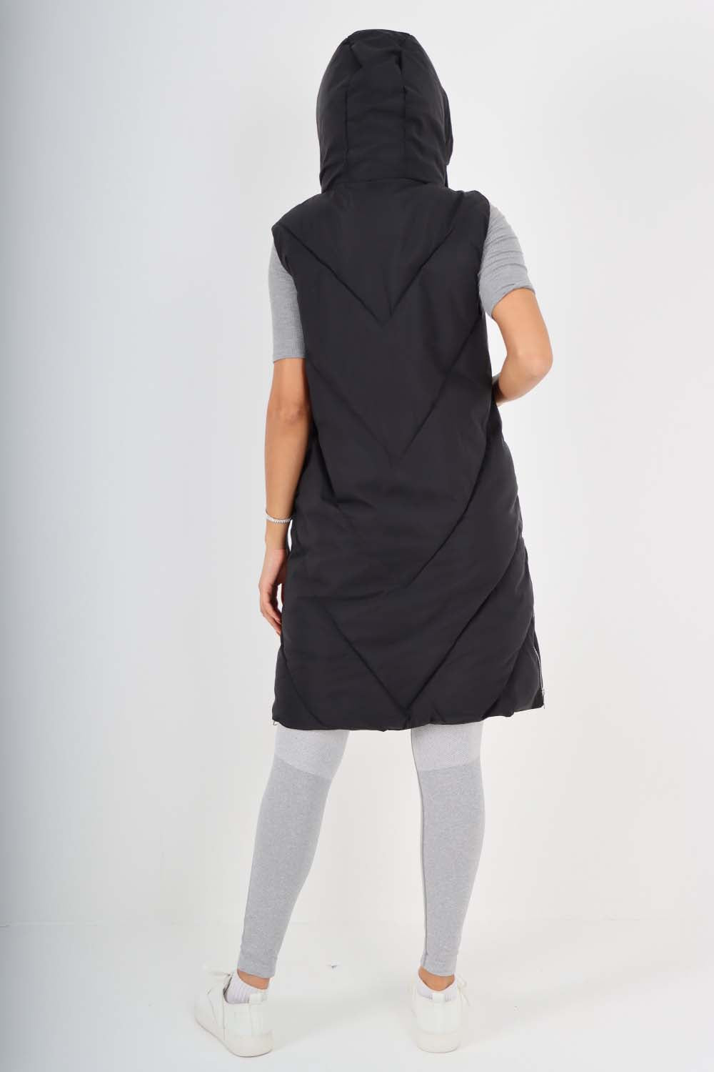 Italian Padded Pockets Hooded Zip up Long Gilet For Women  - Dropwear