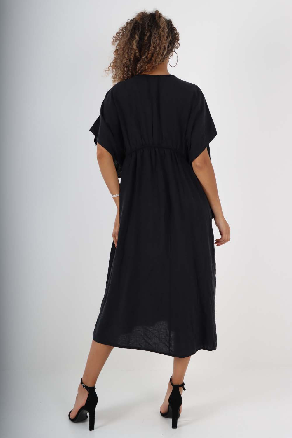 Jade Green Italian Drawestring Front Flared Linen Dress For Women ONE SIZE (FITS UK 12-22) - Dropwear