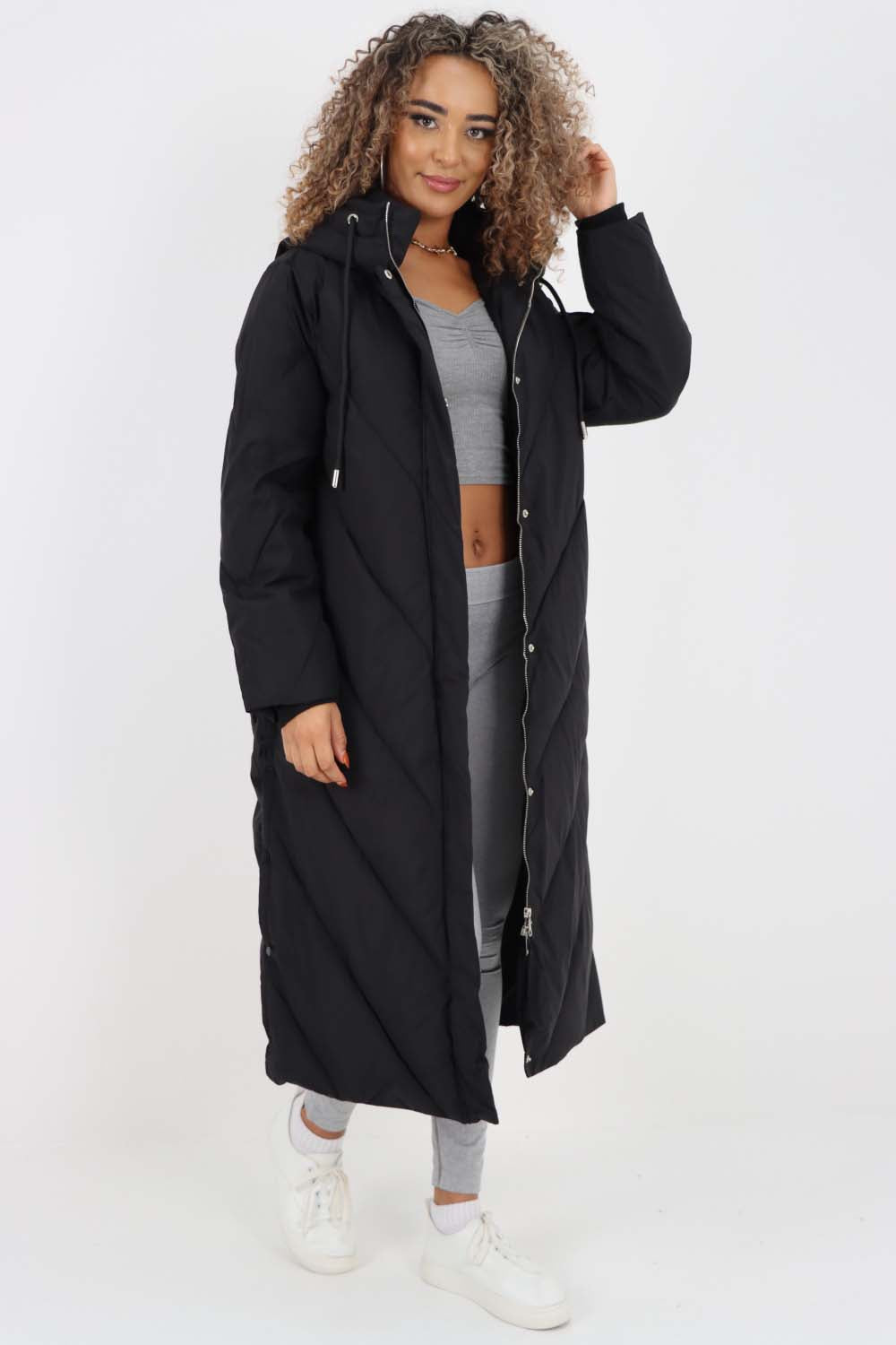 Stone Italian Quilted Hooded Long Jacket Coat For Women ONE SIZE  (8-18) - Dropwear