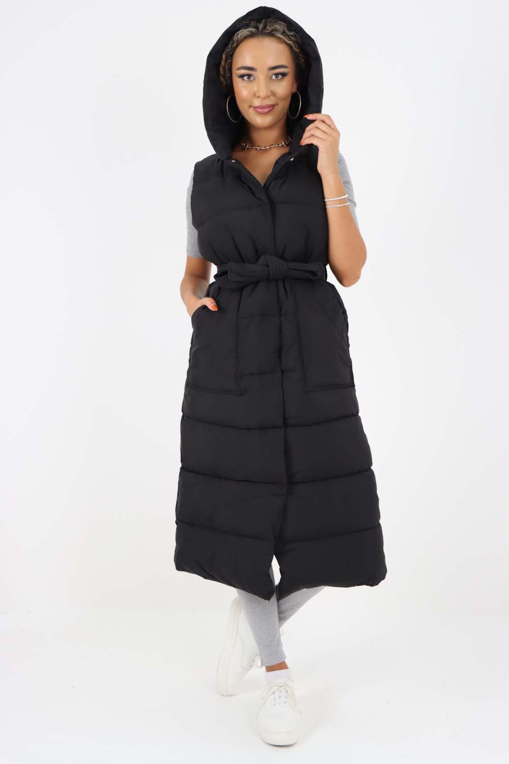 Italian Belted Hooded Long Gilet For Women  - Dropwear