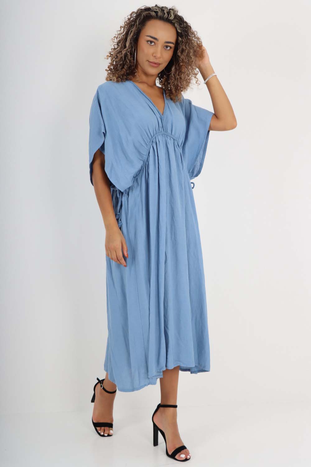 White Italian Drawestring Front Flared Linen Dress For Women ONE SIZE (FITS UK 12-22) - Dropwear