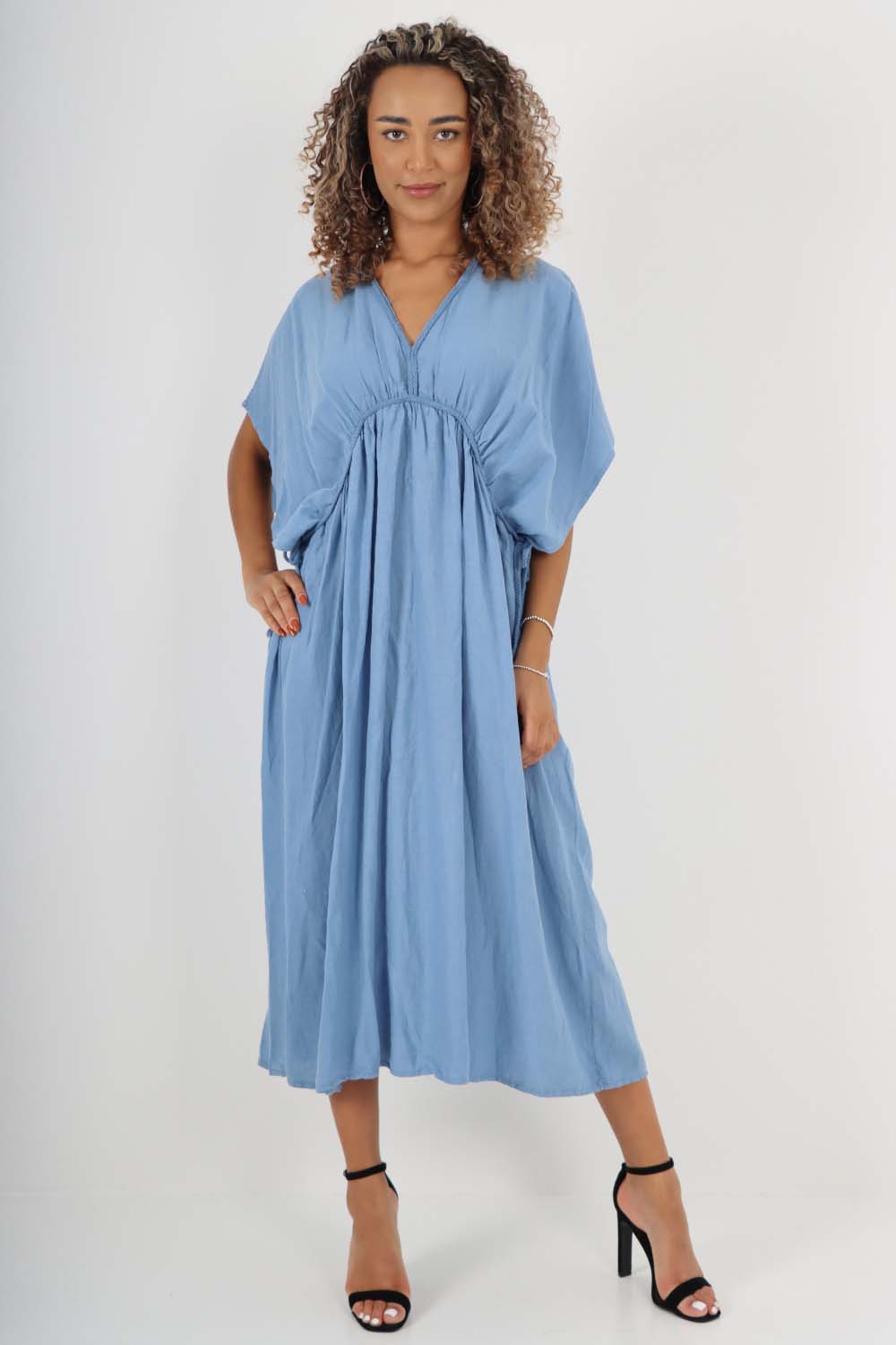 Sky Blue Italian Drawestring Front Flared Linen Dress For Women ONE SIZE (FITS UK 12-22) - Dropwear