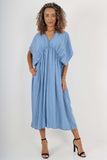 Sky Blue Italian Drawestring Front Flared Linen Dress For Women ONE SIZE (FITS UK 12-22) - Dropwear