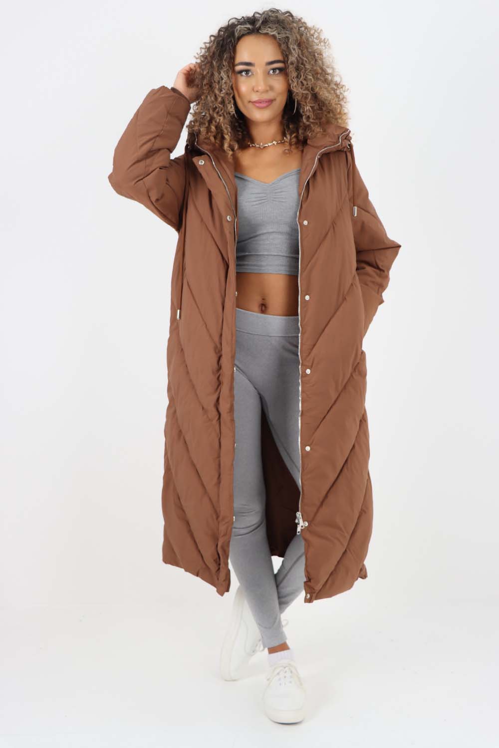 Brown Italian Quilted Hooded Long Jacket Coat For Women ONE SIZE  (8-18) - Dropwear