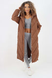 Brown Italian Quilted Hooded Long Jacket Coat For Women ONE SIZE  (8-18) - Dropwear