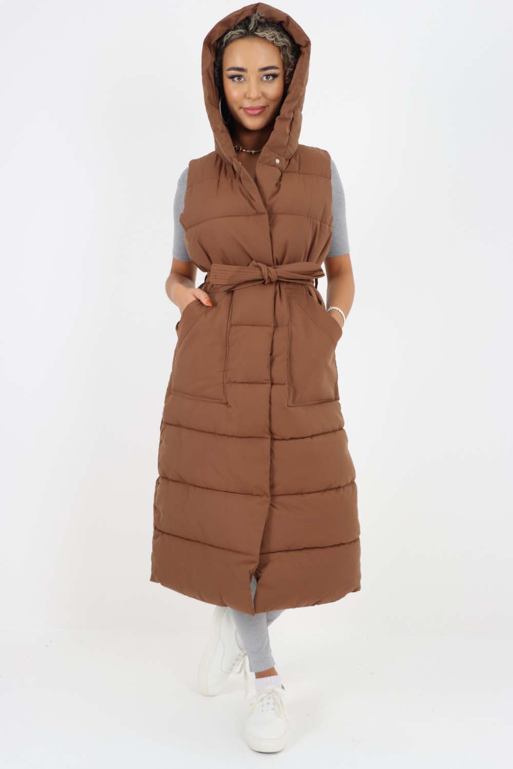 Italian Belted Hooded Long Gilet For Women  - Dropwear