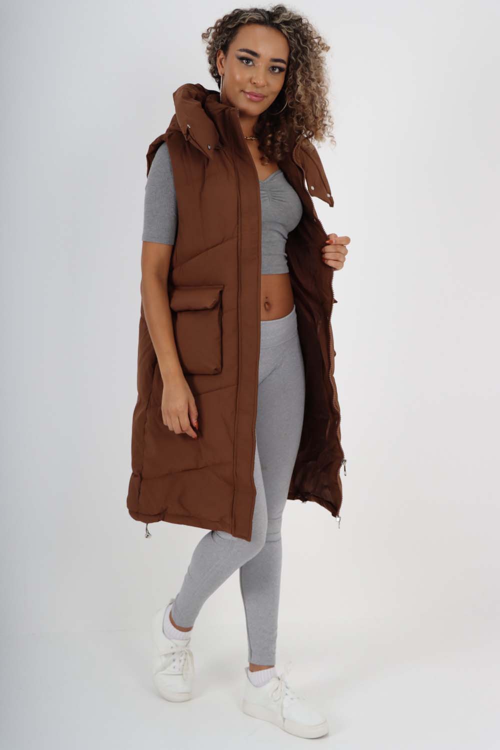 Italian Padded Pockets Hooded Long Gilet For Women  - Dropwear