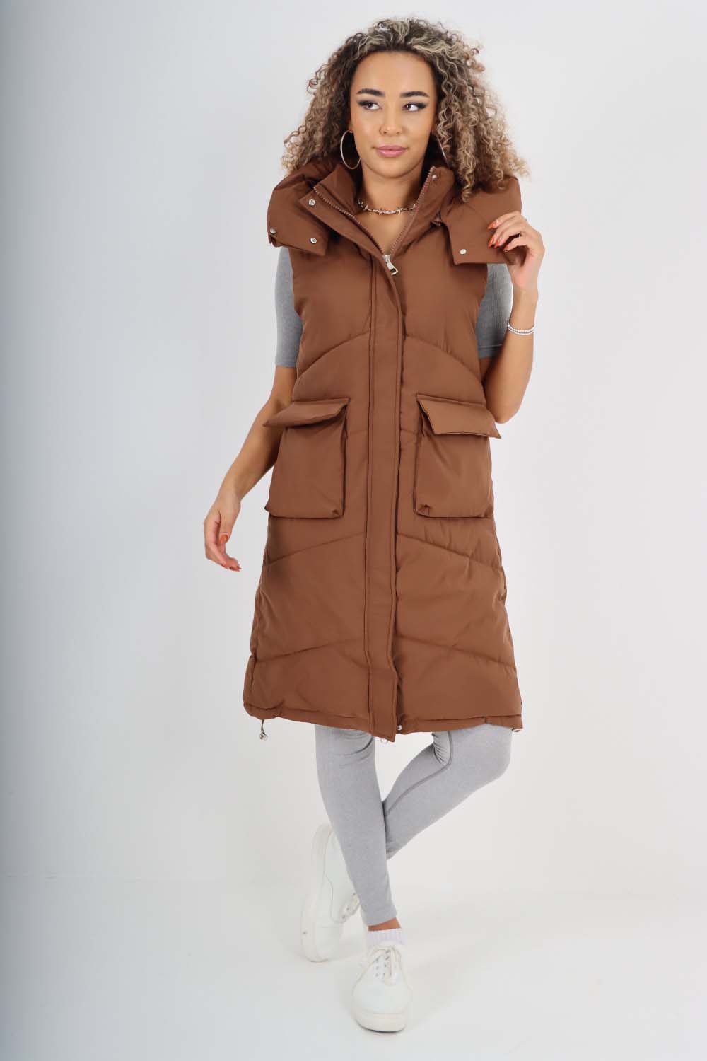 Italian Padded Pockets Hooded Long Gilet For Women  - Dropwear