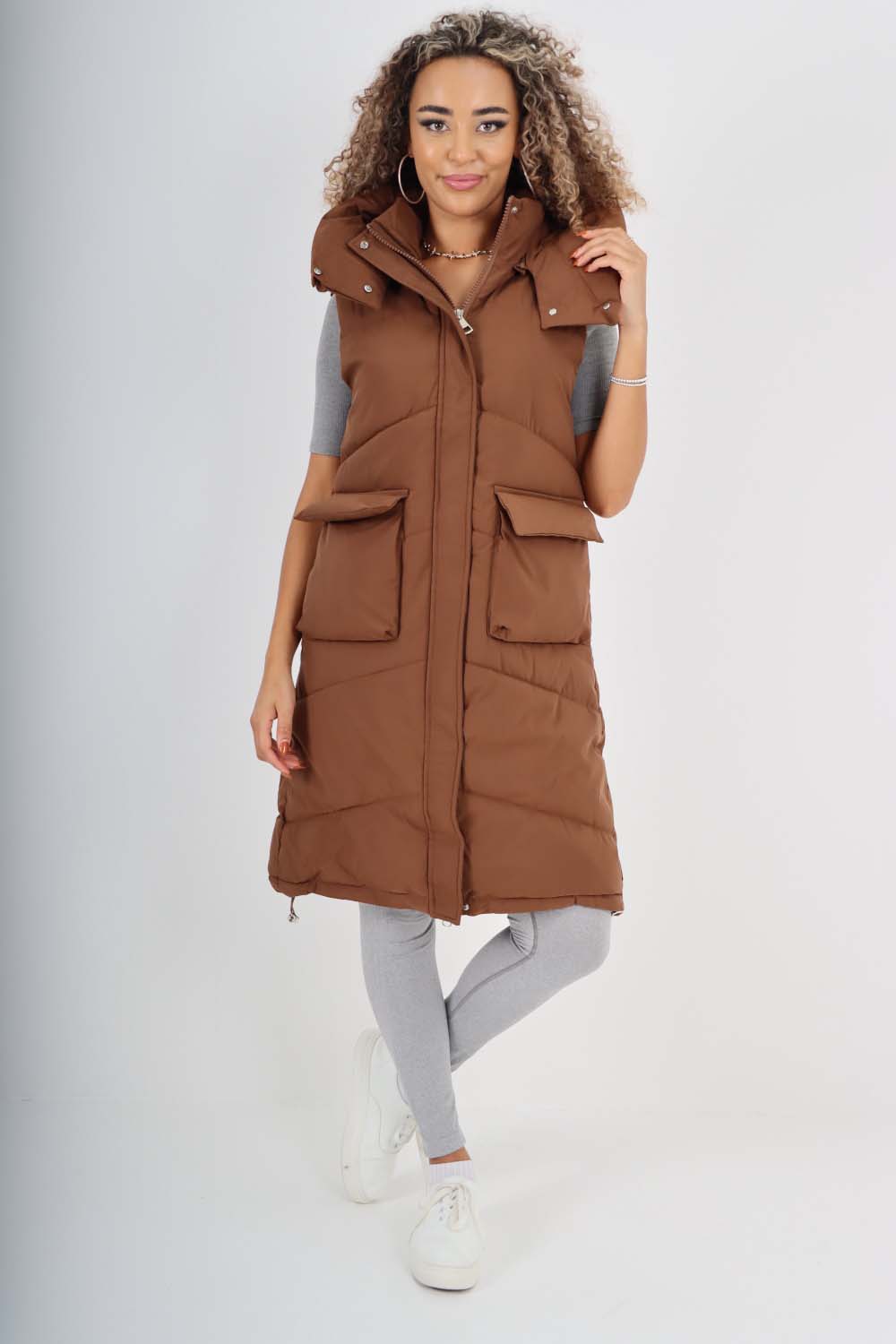 Italian Padded Pockets Hooded Long Gilet For Women  - Dropwear