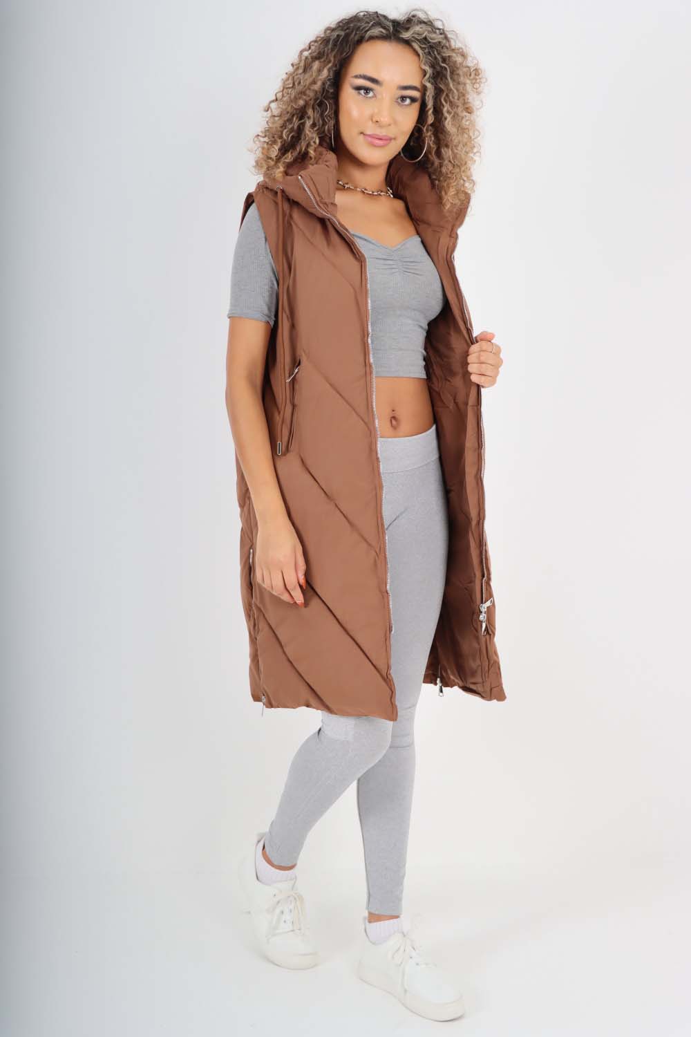 Italian Padded Pockets Hooded Zip up Long Gilet For Women  - Dropwear