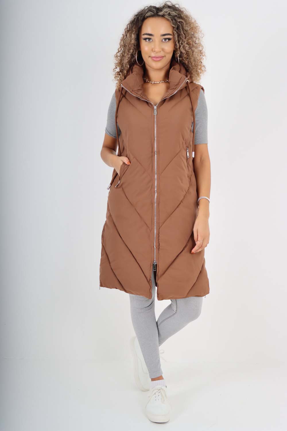 Italian Padded Pockets Hooded Zip up Long Gilet For Women  - Dropwear