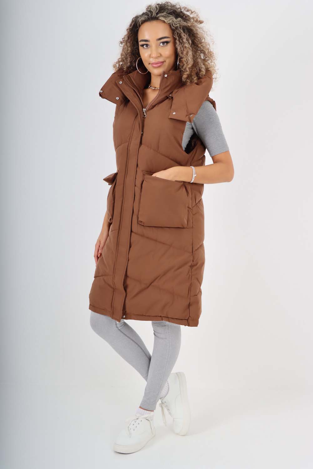 Italian Padded Pockets Hooded Long Gilet For Women  - Dropwear