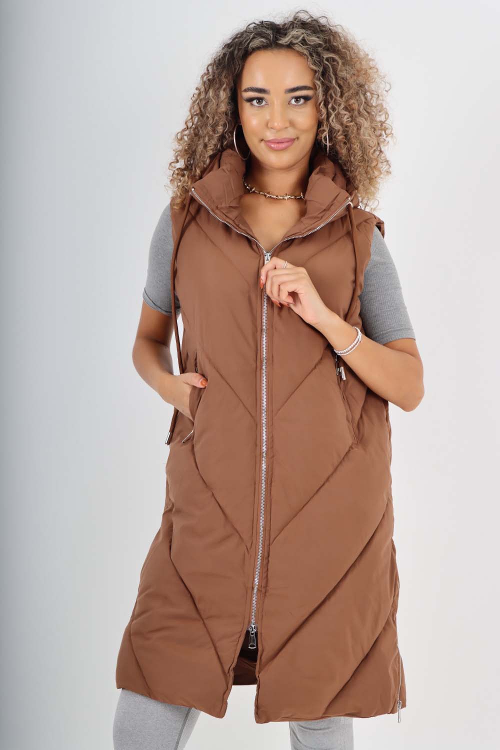 Italian Padded Pockets Hooded Zip up Long Gilet For Women  - Dropwear