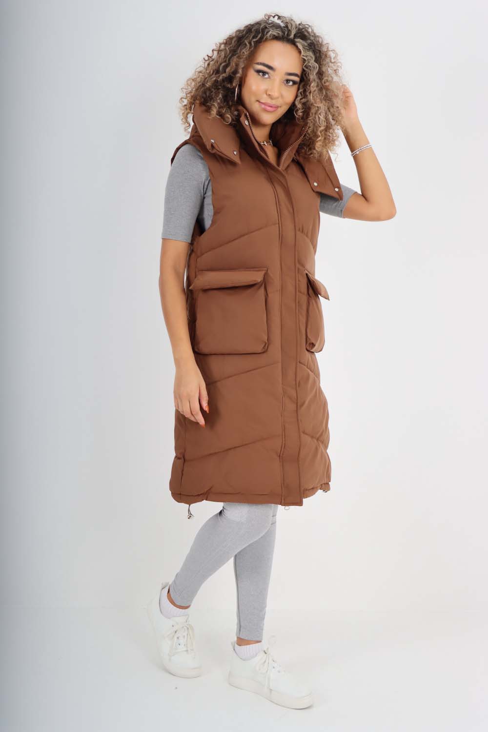 Italian Padded Pockets Hooded Long Gilet For Women  - Dropwear