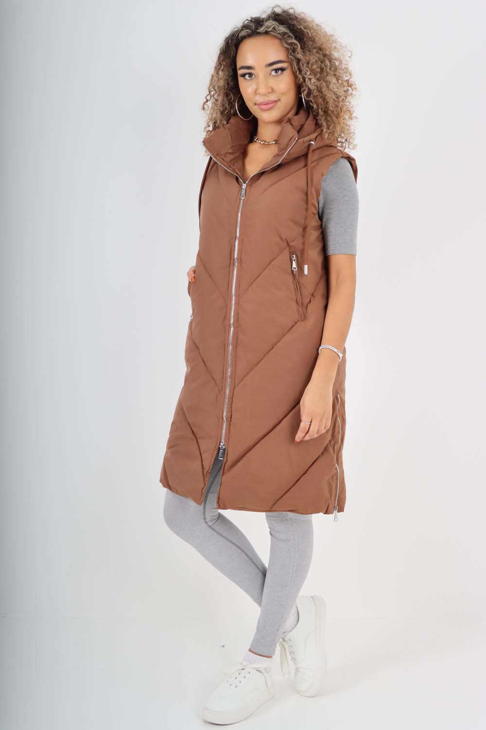 Italian Padded Pockets Hooded Zip up Long Gilet For Women  - Dropwear