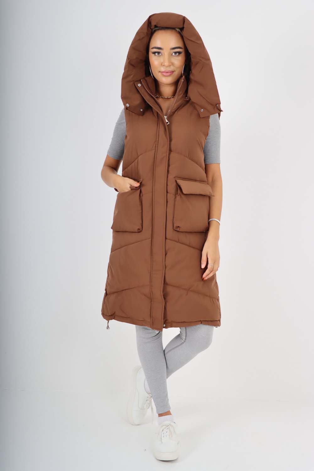 Italian Padded Pockets Hooded Long Gilet For Women  - Dropwear