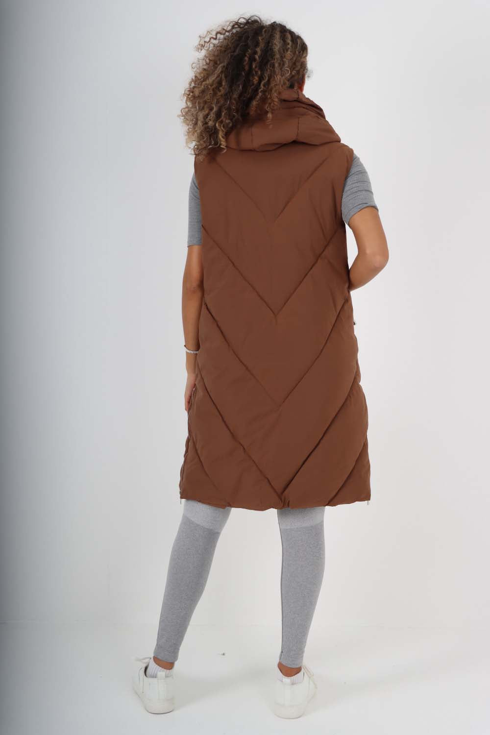 Italian Padded Pockets Hooded Zip up Long Gilet For Women  - Dropwear