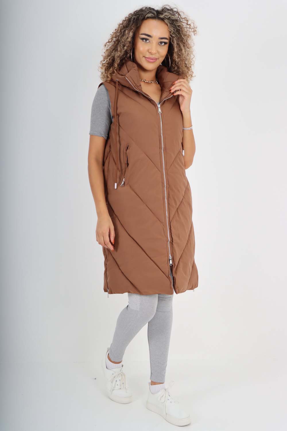 Italian Padded Pockets Hooded Zip up Long Gilet For Women  - Dropwear
