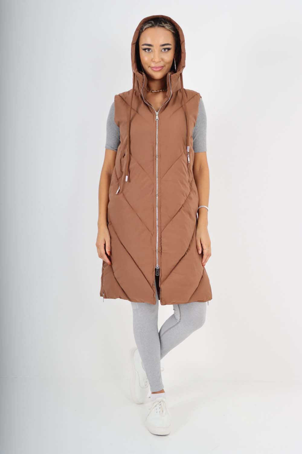 Italian Padded Pockets Hooded Zip up Long Gilet For Women  - Dropwear