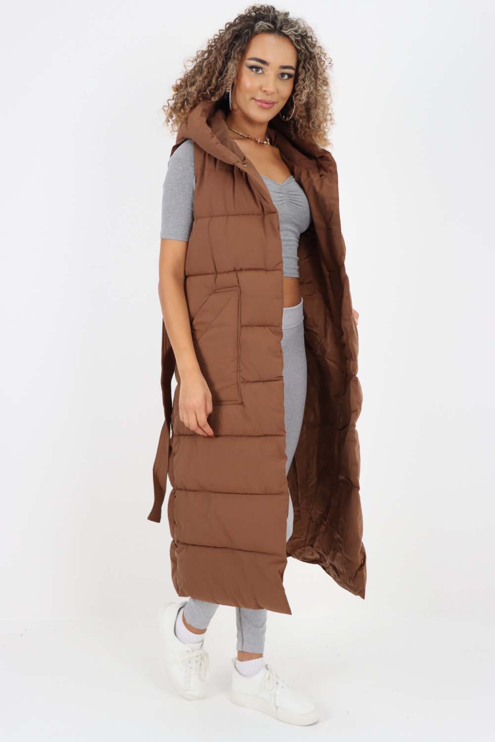Italian Belted Hooded Long Gilet For Women  - Dropwear