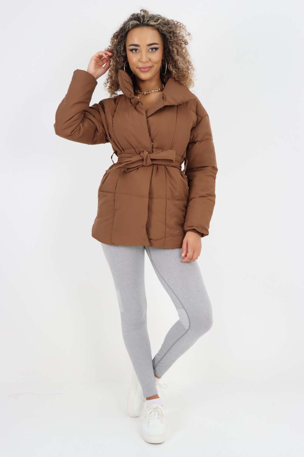 Brown Italian Belted Hooded Jacket Coat For Women ONE SIZE(FITS UK 8-16) - Dropwear