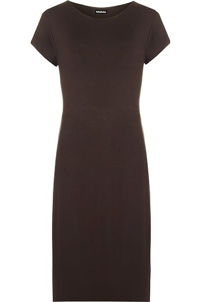 Brown Plain Short Sleeve Jersey Midi Dress For Women 8-10 - Dropwear