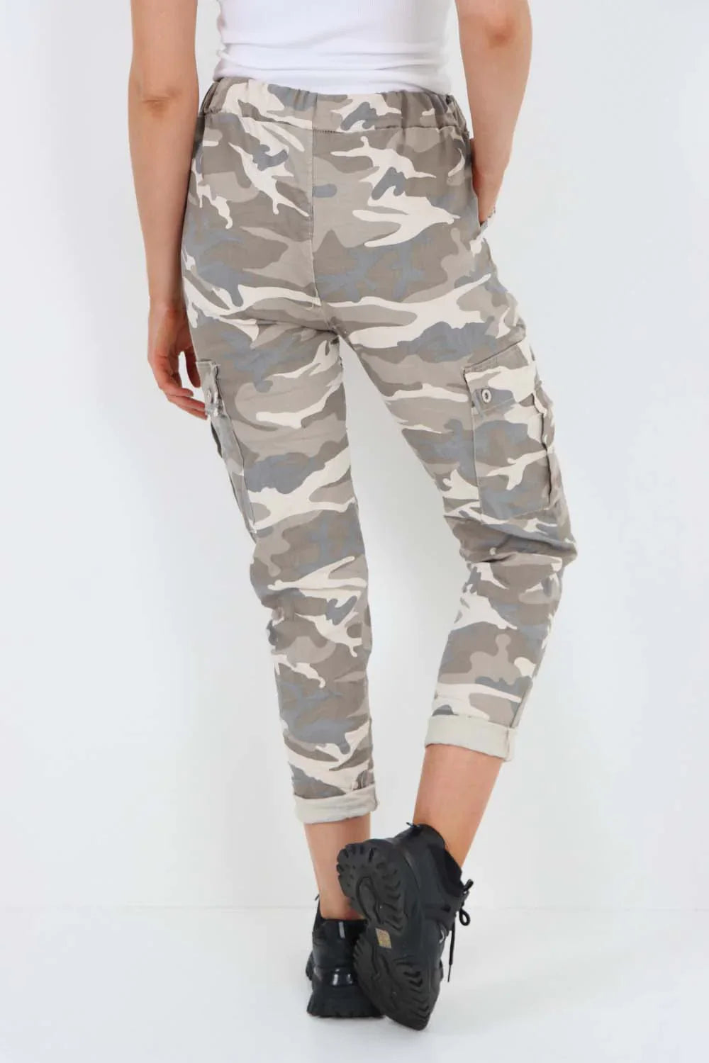 Plus Size Italian Drawstring Camo Side Pockets Cargo Trousers For Women  - Dropwear