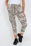 Plus Size Italian Drawstring Camo Side Pockets Cargo Trousers For Women  - Dropwear
