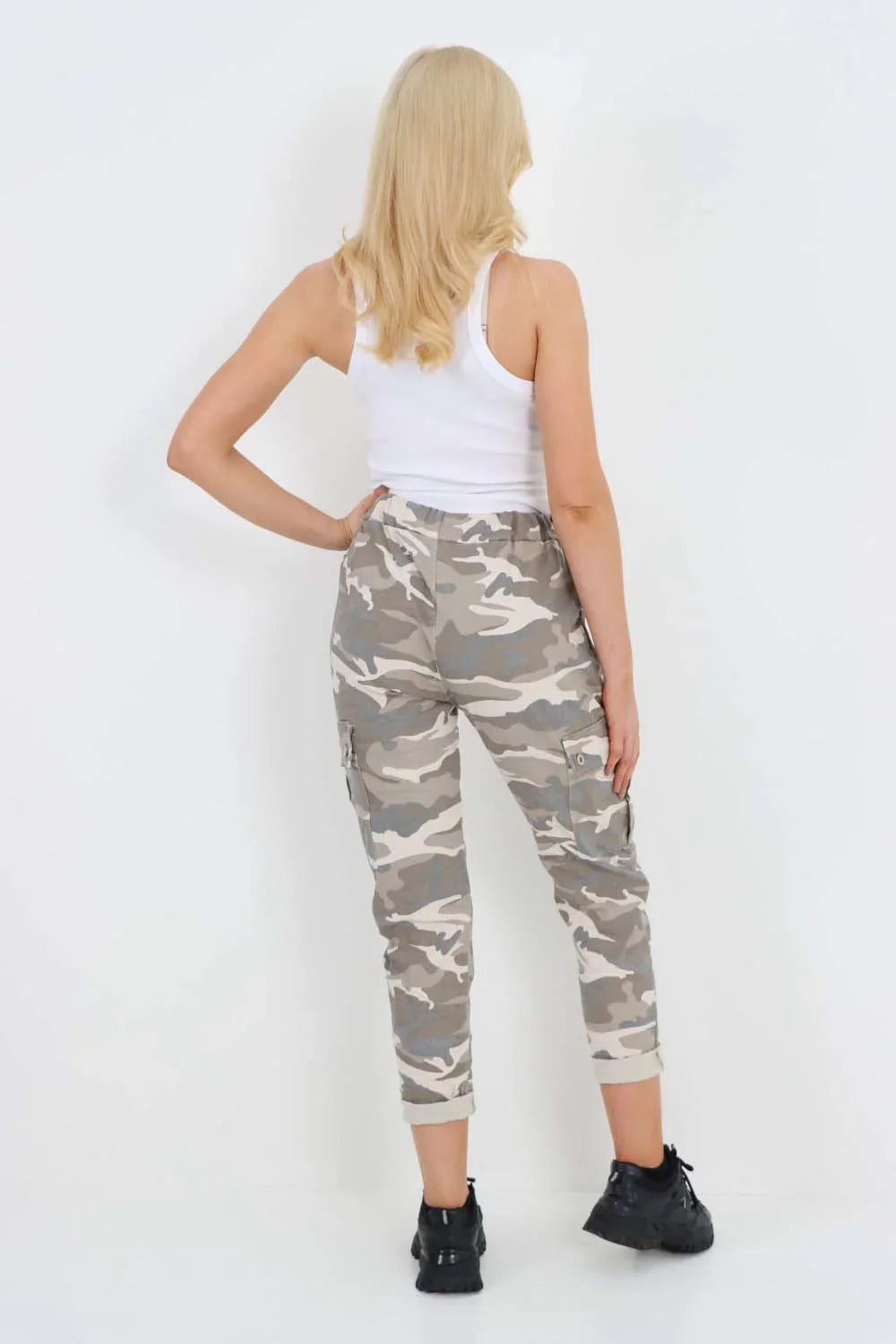 Plus Size Italian Drawstring Camo Side Pockets Cargo Trousers For Women  - Dropwear
