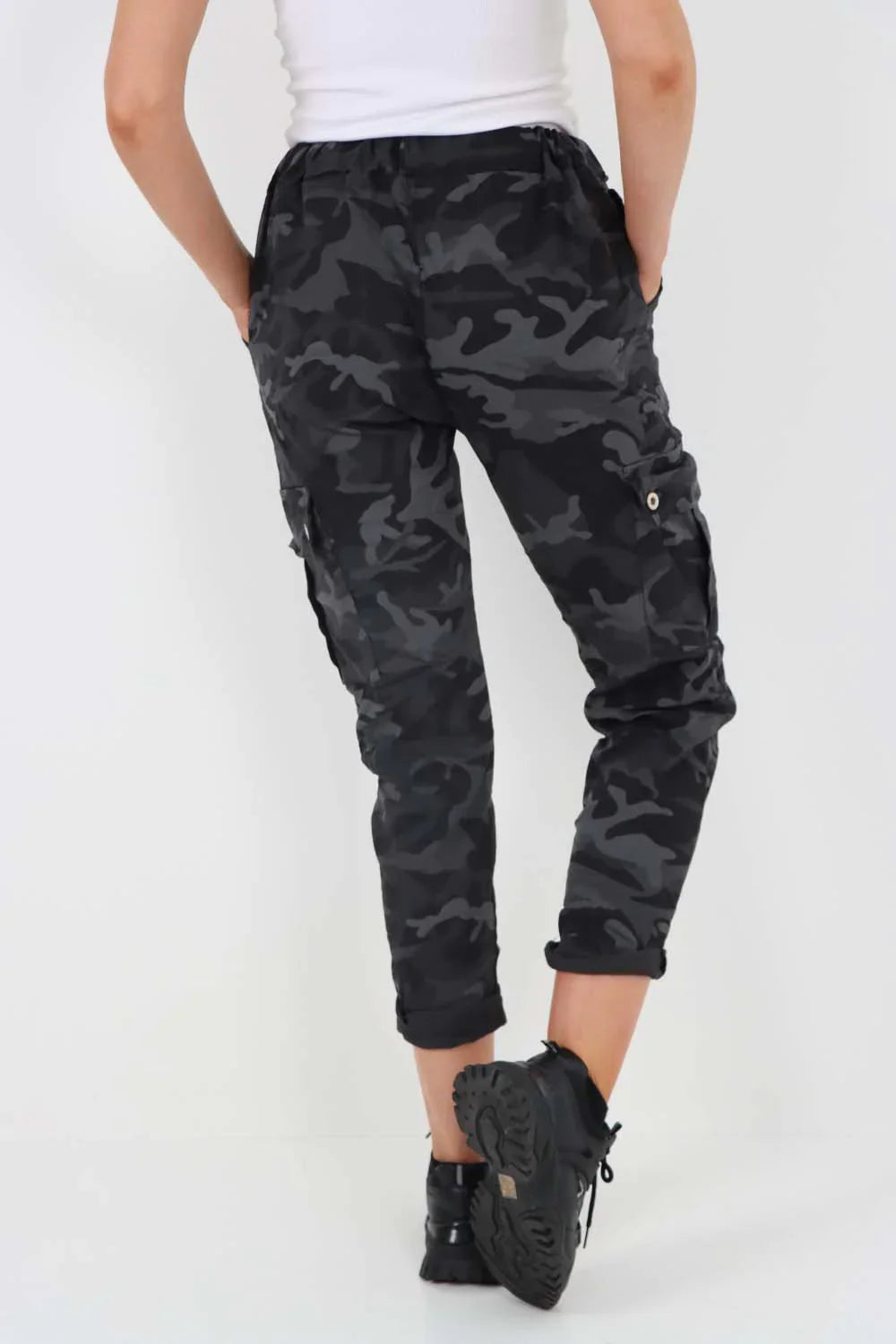 Plus Size Italian Drawstring Camo Side Pockets Cargo Trousers For Women  - Dropwear