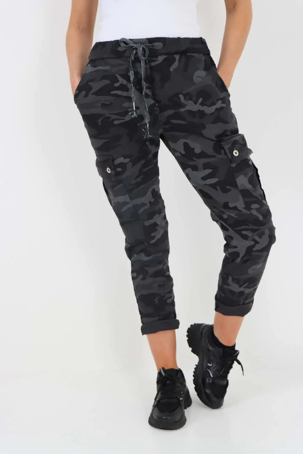 Plus Size Italian Drawstring Camo Side Pockets Cargo Trousers For Women  - Dropwear