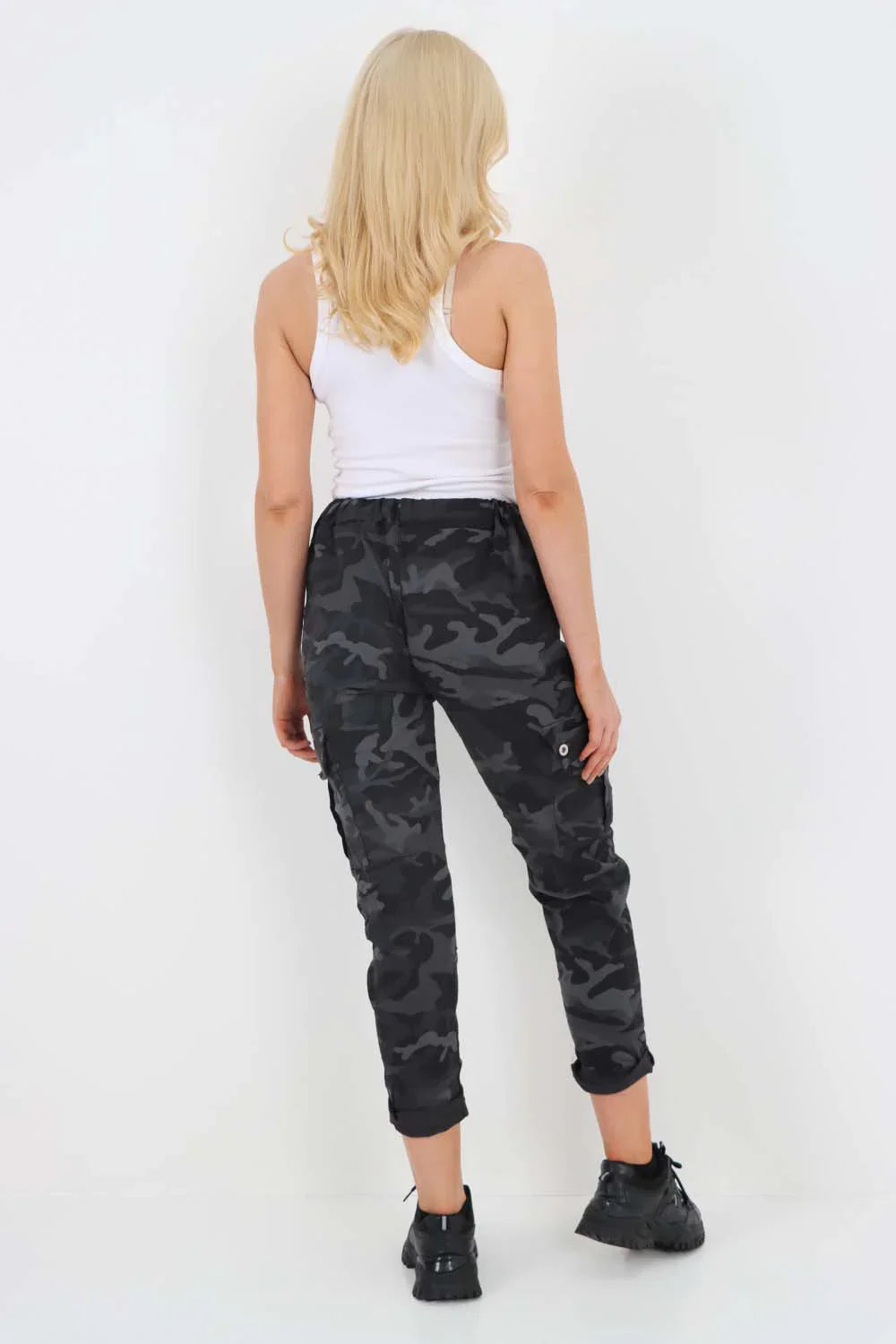 Plus Size Italian Drawstring Camo Side Pockets Cargo Trousers For Women  - Dropwear
