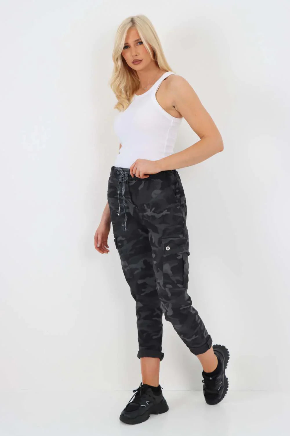 Plus Size Italian Drawstring Camo Side Pockets Cargo Trousers For Women  - Dropwear