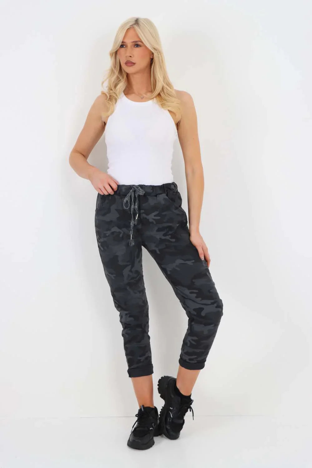 Plus Size Italian Drawstring Camo Side Pockets Trousers For Women  - Dropwear
