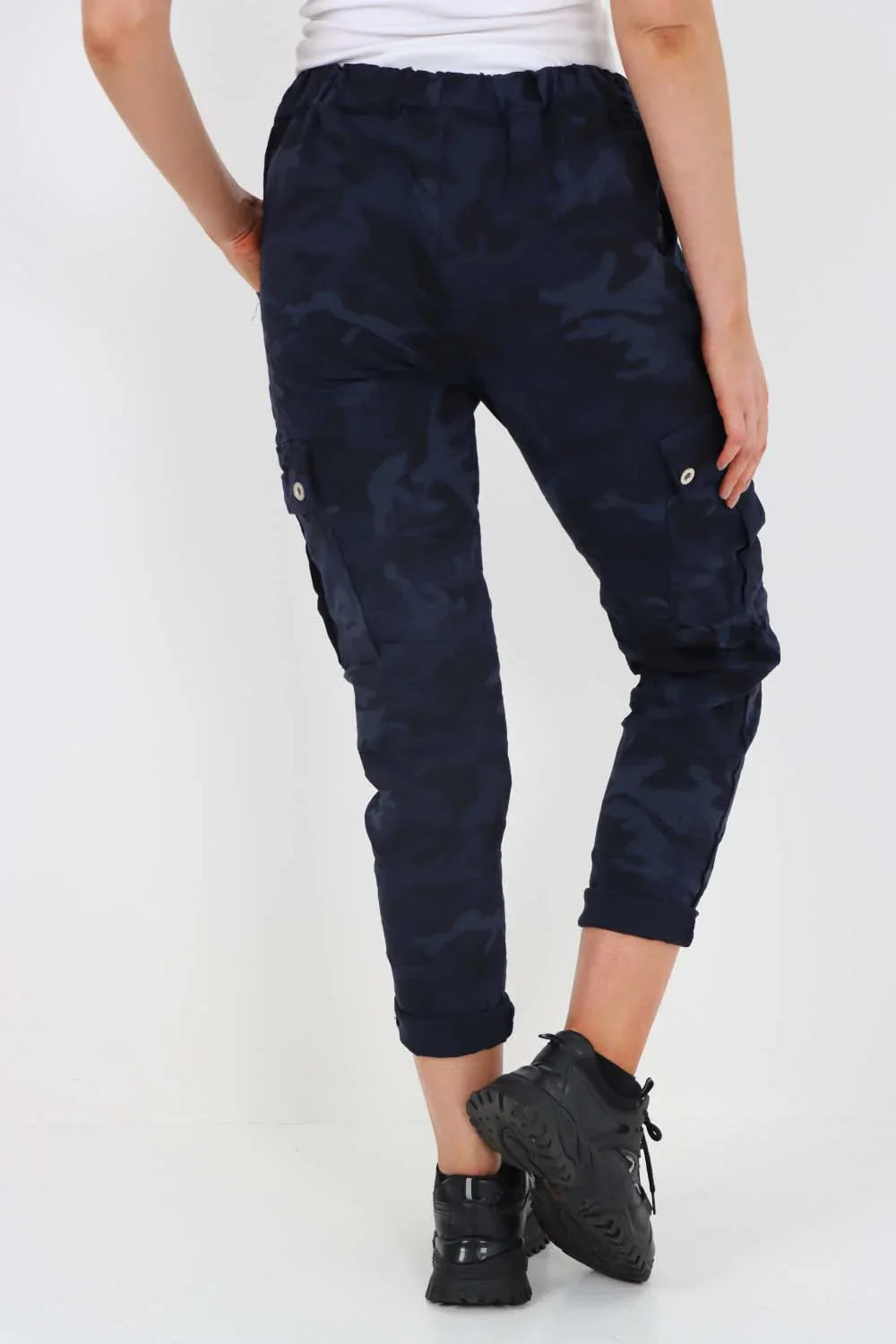 Plus Size Italian Drawstring Camo Side Pockets Cargo Trousers For Women  - Dropwear