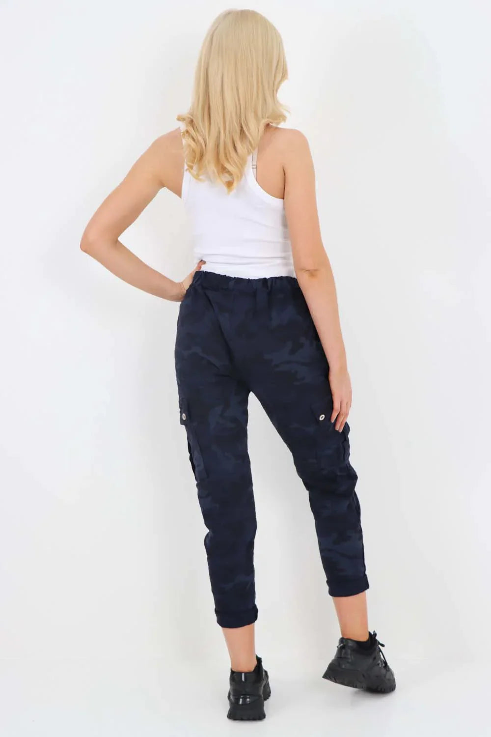 Plus Size Italian Drawstring Camo Side Pockets Cargo Trousers For Women  - Dropwear