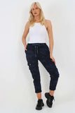 Plus Size Italian Drawstring Camo Side Pockets Cargo Trousers For Women  - Dropwear