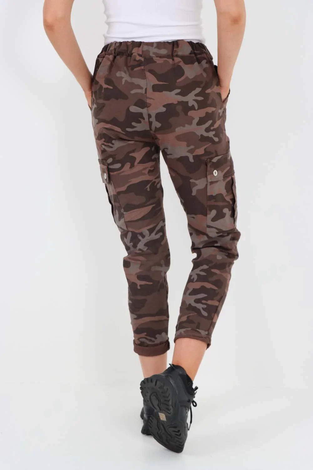 Plus Size Italian Drawstring Camo Side Pockets Cargo Trousers For Women  - Dropwear