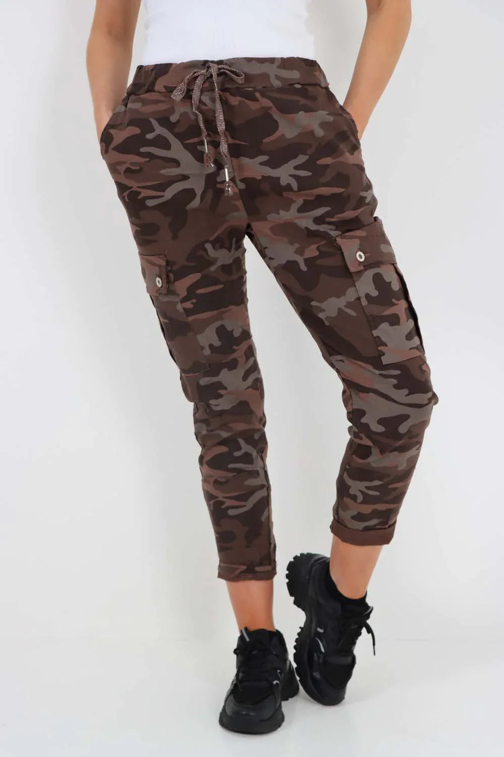 Plus Size Italian Drawstring Camo Side Pockets Cargo Trousers For Women  - Dropwear