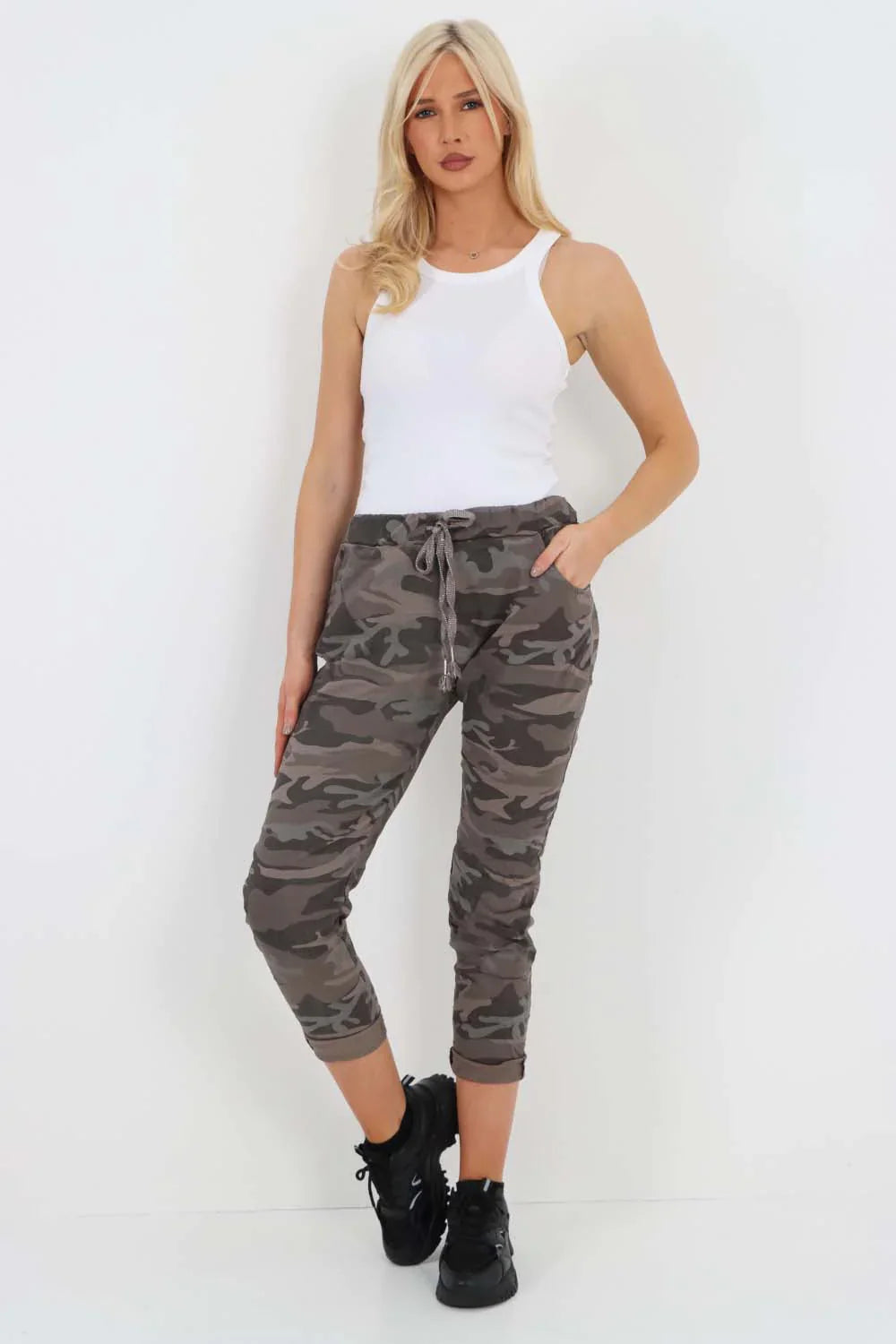 Plus Size Italian Drawstring Camo Side Pockets Trousers For Women  - Dropwear