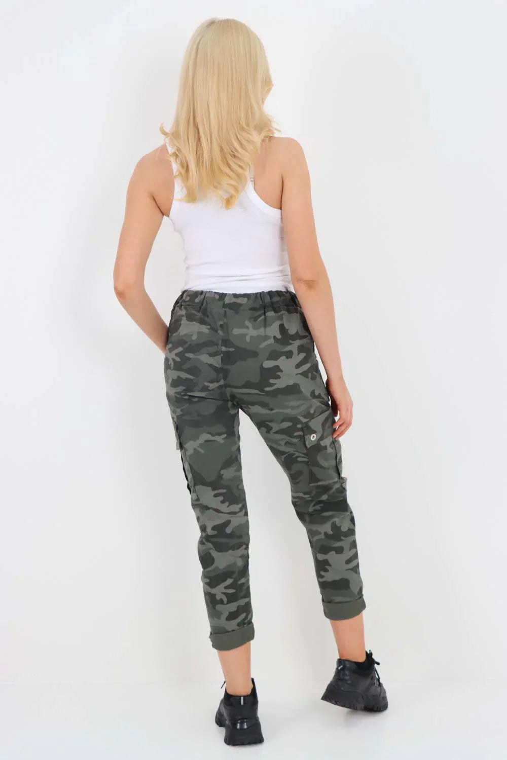 White Plus Size Italian Drawstring Camo Side Pockets Cargo Trousers For Women 18 - Dropwear