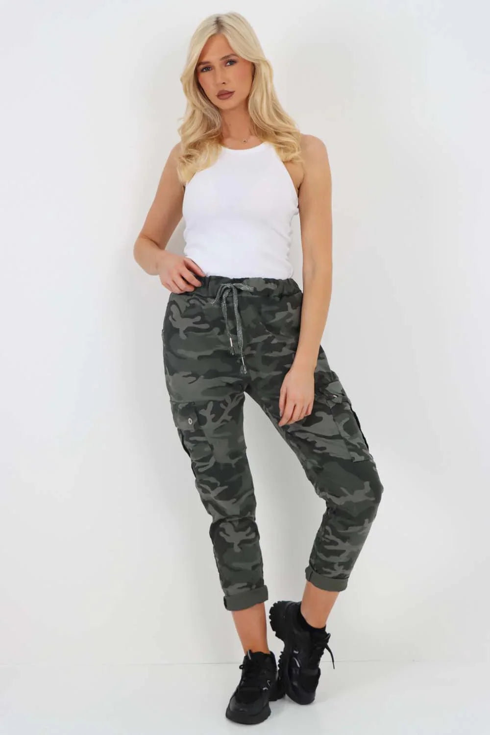Pink Plus Size Italian Drawstring Camo Side Pockets Cargo Trousers For Women 22 - Dropwear