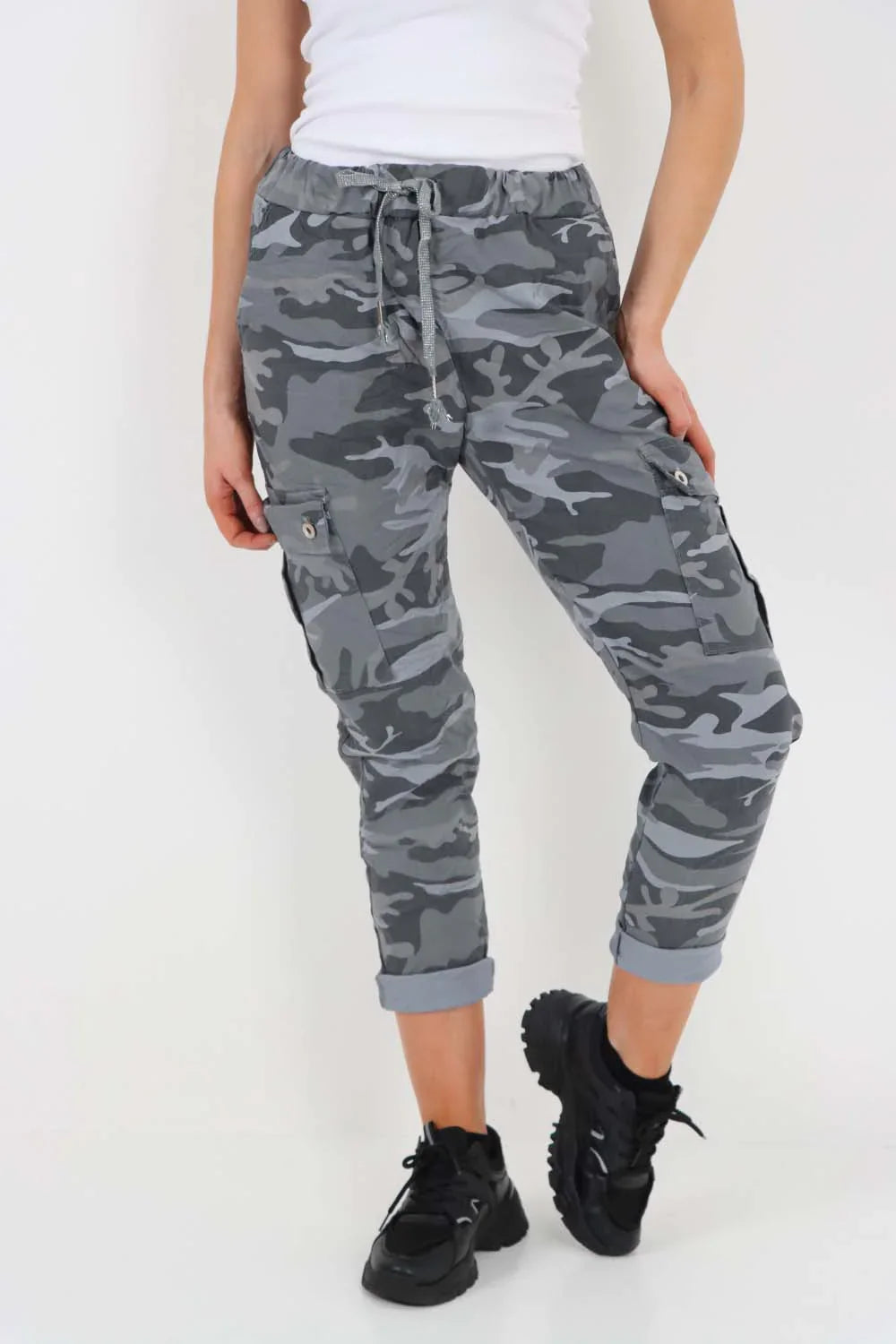 Pink Plus Size Italian Drawstring Camo Side Pockets Cargo Trousers For Women 18 - Dropwear