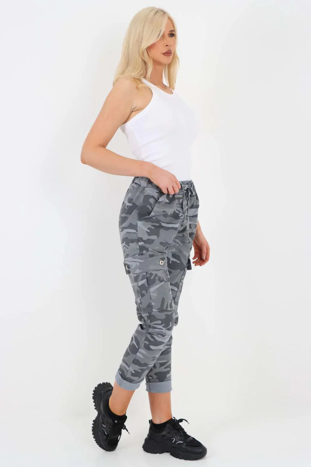 Pink Plus Size Italian Drawstring Camo Side Pockets Cargo Trousers For Women 16 - Dropwear