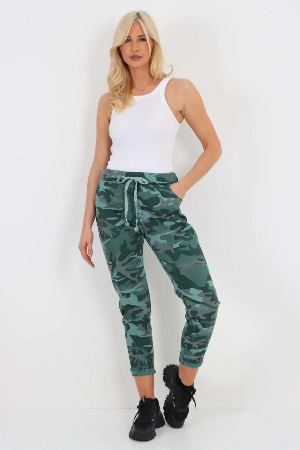 White Plus Size Italian Drawstring Camo Side Pockets Trousers For Women 18 - Dropwear