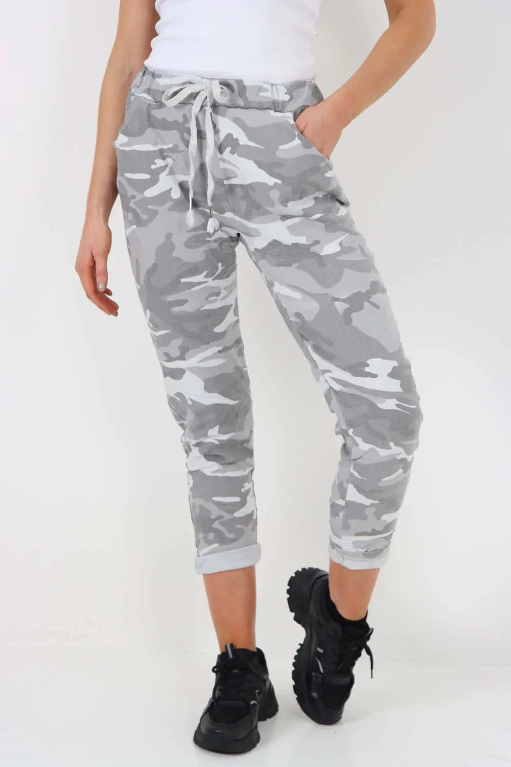 Pink Plus Size Italian Drawstring Camo Side Pockets Trousers For Women 22 - Dropwear