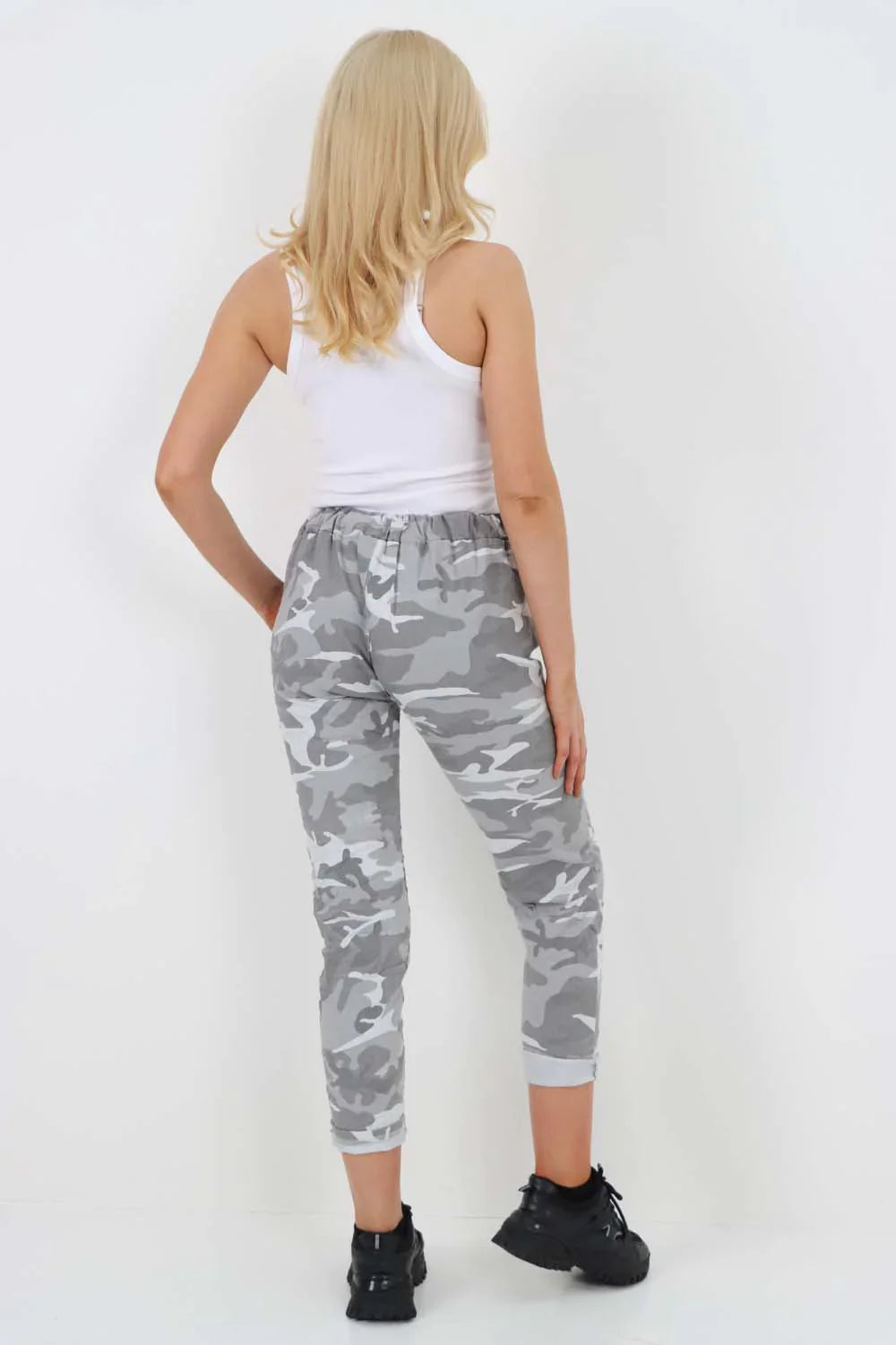 Turquoise Plus Size Italian Drawstring Camo Side Pockets Trousers For Women 18 - Dropwear