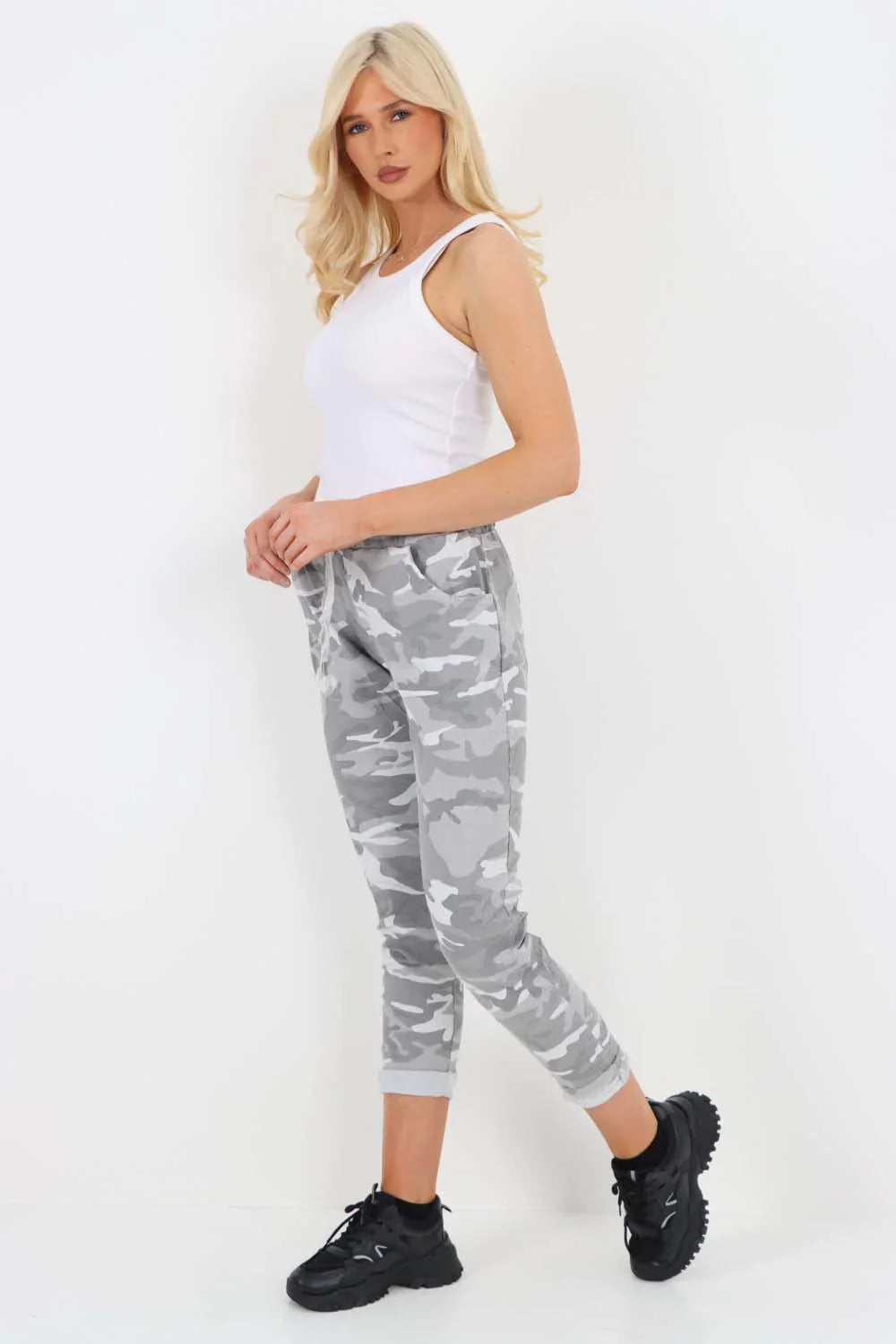 Turquoise Plus Size Italian Drawstring Camo Side Pockets Trousers For Women 20 - Dropwear